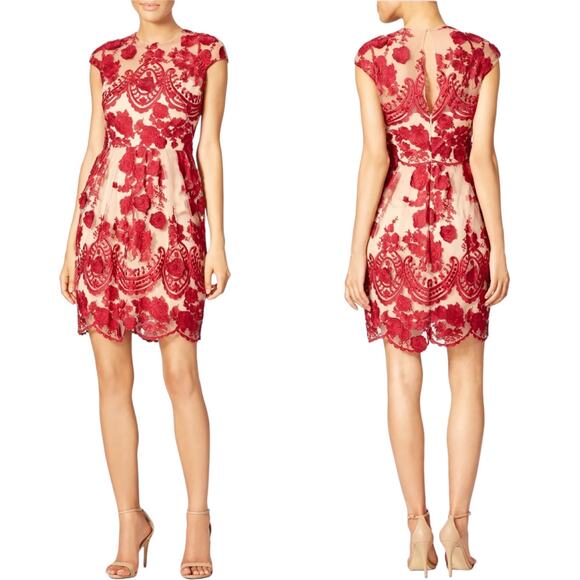 Marchesa Notte Womens Sheath Dress Red Floral Lace Embroidered Cap Sleeve 2 - Picture 1 of 14